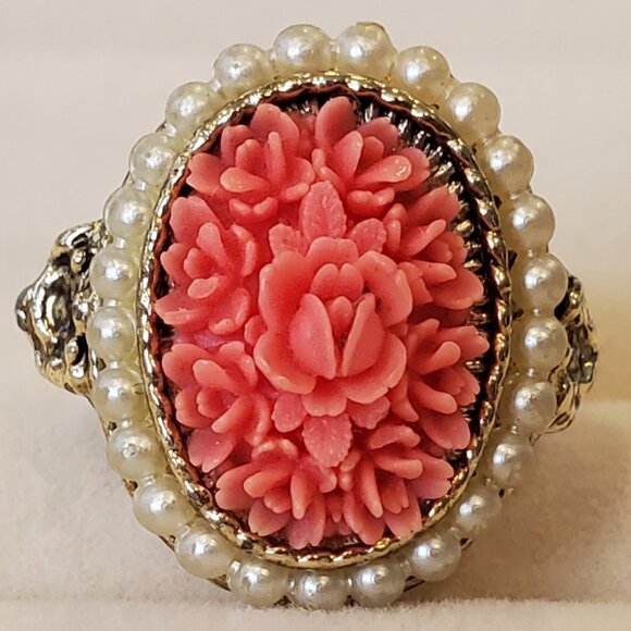 Vintage 1960s Carved Roses Ring Faux Coral & Pearls Adjustable Ornate Goldtone - Picture 2 of 7